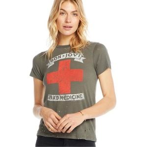 CHASER Grey Army Green Bon Jovi Bad Medicine Distressed Hole Graphic Band Tee